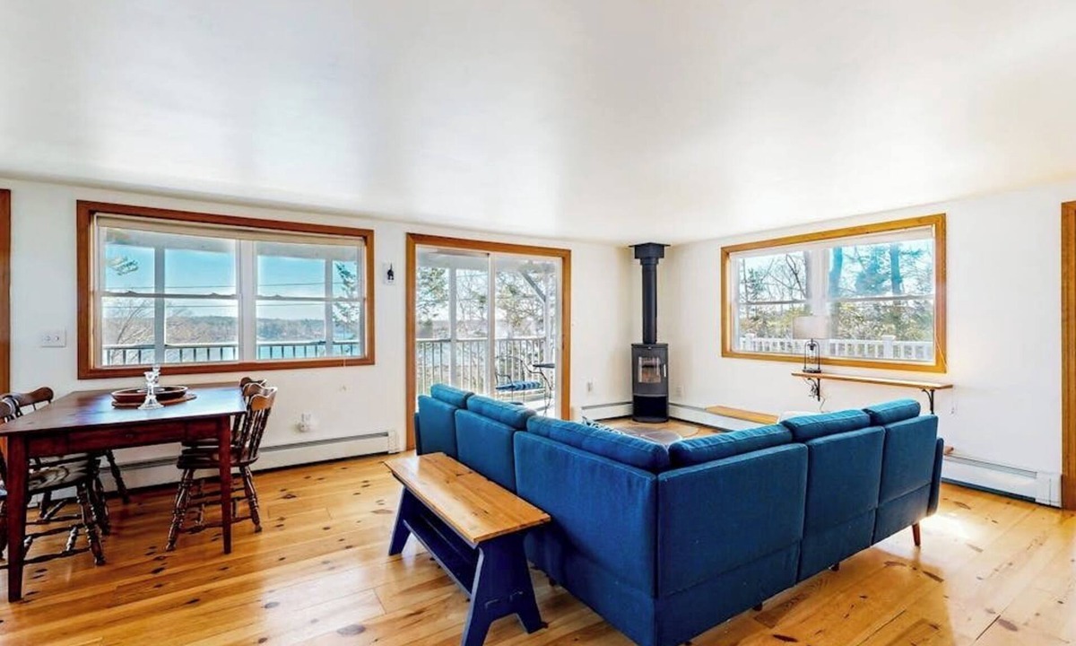 East Boothbay House | Damariscotta Vistas Dog-friendly river-view home w/wood stove, deck, patio, dock, beach, grill