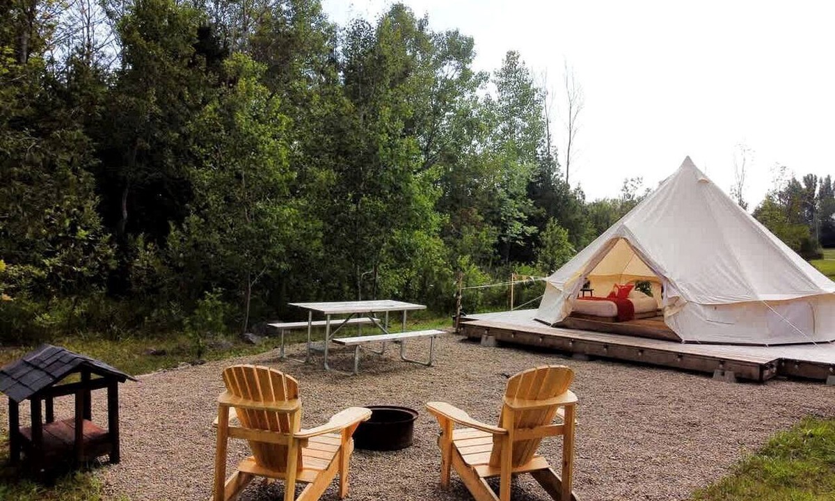 Miller Lake RV Rental | Fantastic Bell Tent Fire Pit and Barbecue Provided in Northern Bruce Peninsula, Ontario