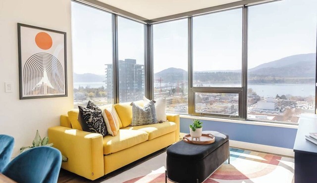 Stay at The Retro Revival, a designer condo on the 16th floor of Brooklyn on Bernard. Enjoy panoramic lake/mountain views, curated retro decor, a balcony, rooftop terrace, and walkable access to Kelowna’s dining and waterfront.